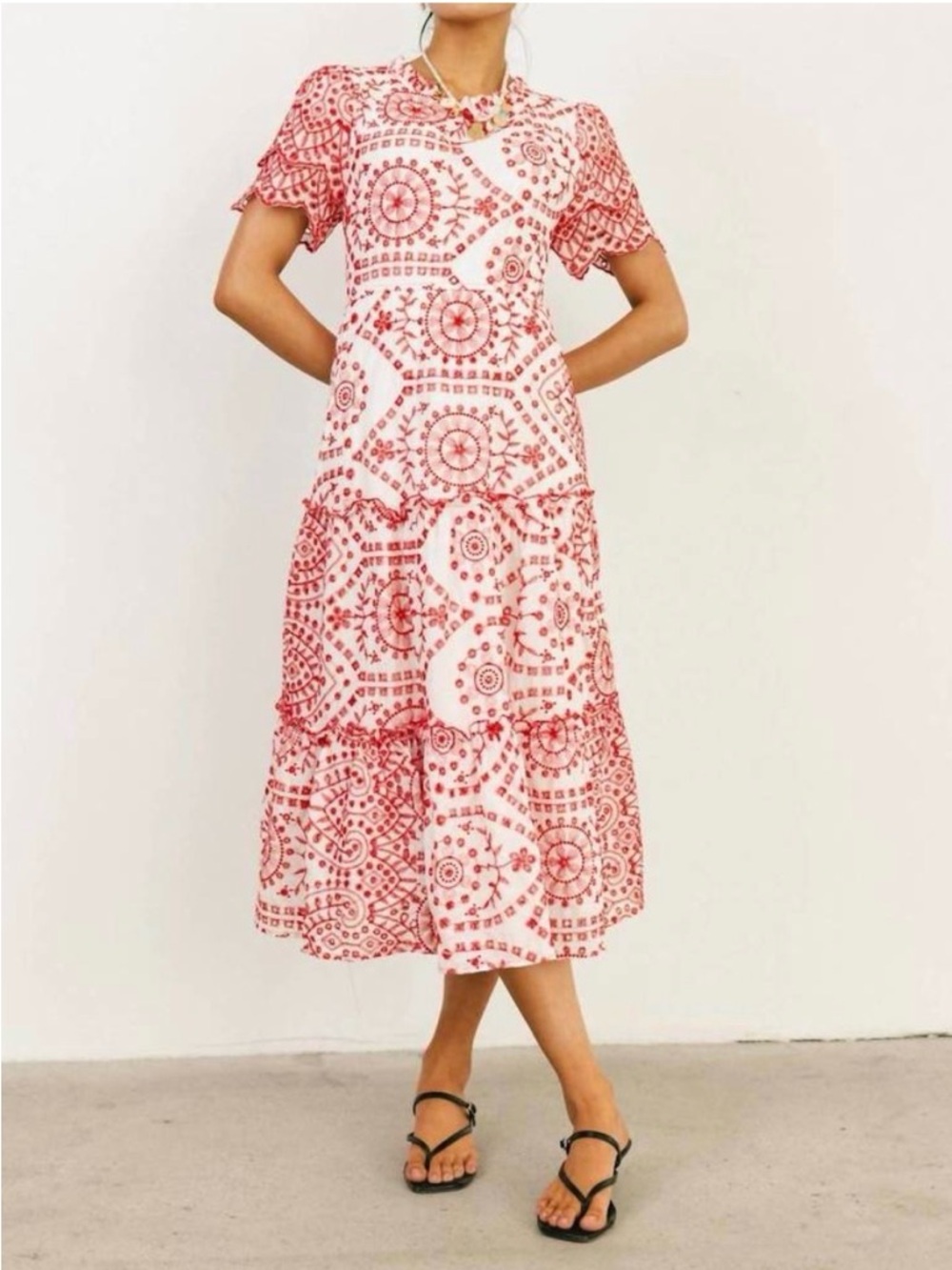 NWT Hayden LA Boho Embroidered Eyelet Lace Midi Red White Scallop Sleeve 1XL